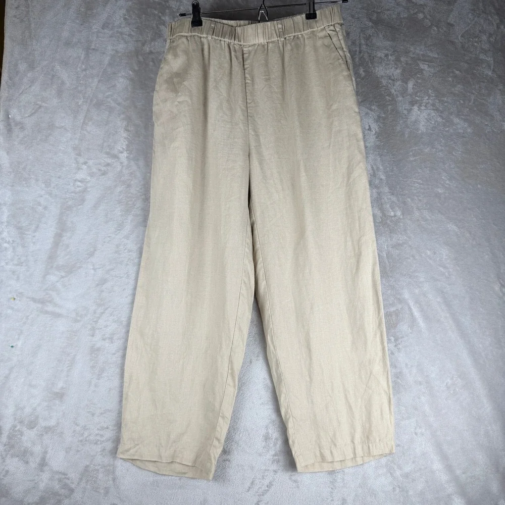 Quince European Linen Straight Leg Pants Beige Elastic Waist Size Medium Womens
